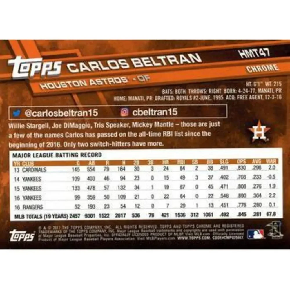 2017 Topps Chrome Update Carlos Beltran HMT47 Houston Astros